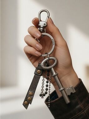 Fossil Silver Bag Key Charm with Pewter Leather Strap and Rhinestones